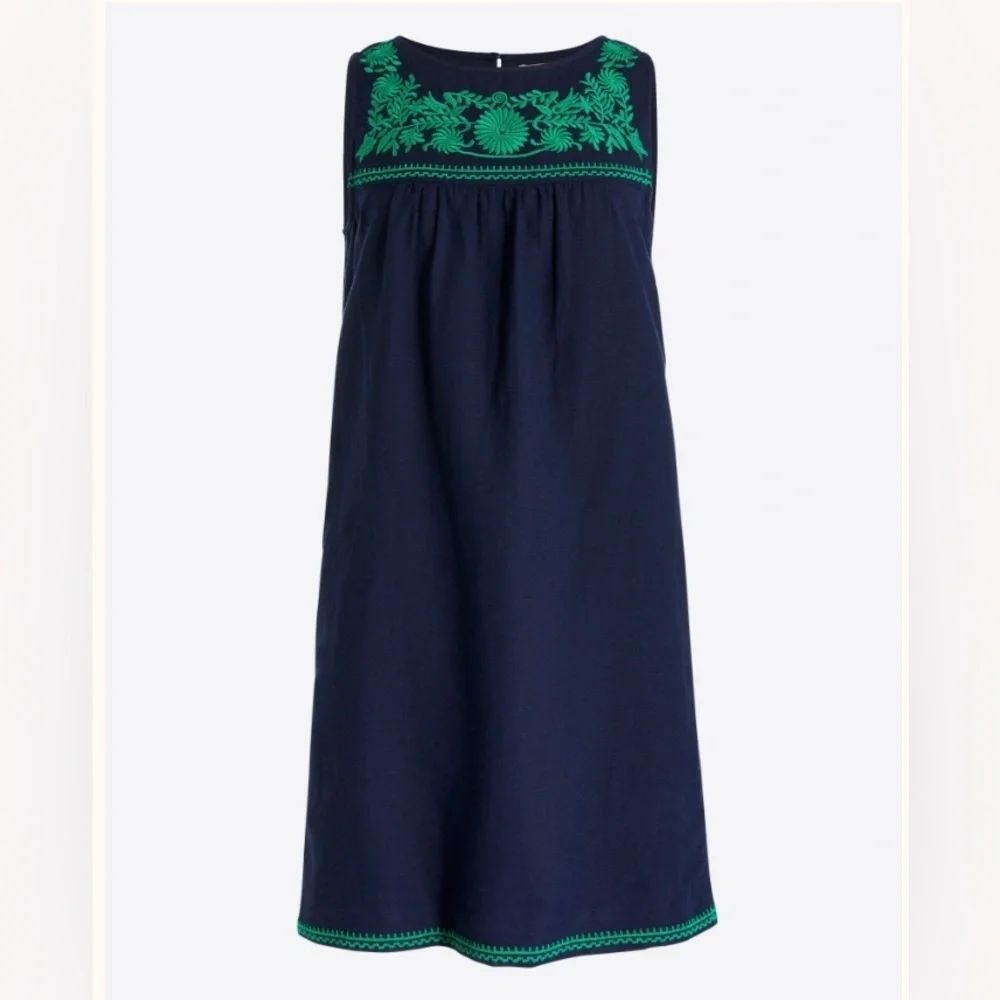 J. Crew Blue and Green Embroidered Linen Blend Sleeveless Sundress, Size Small